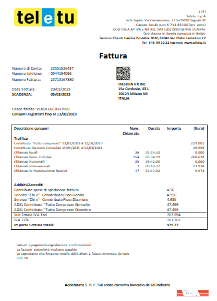 TeleTu S p A utility business bill,  SCR PSD template